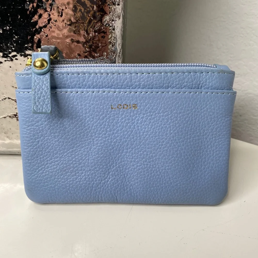 Lodis Blue Pebbled Leather Zip Card Case Coin Purse Wallet Gold Tone‎ Hardware